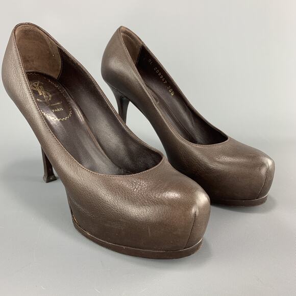 YVES SAINT LAURENT Size 6.5 Brown Leather TRIBUTE Platform Pumps - Picture 2 of 6